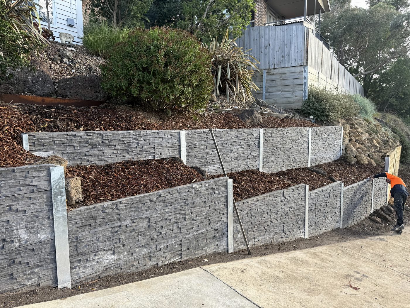 Concrete sleeper retaining wall under construction in Ocean Grove